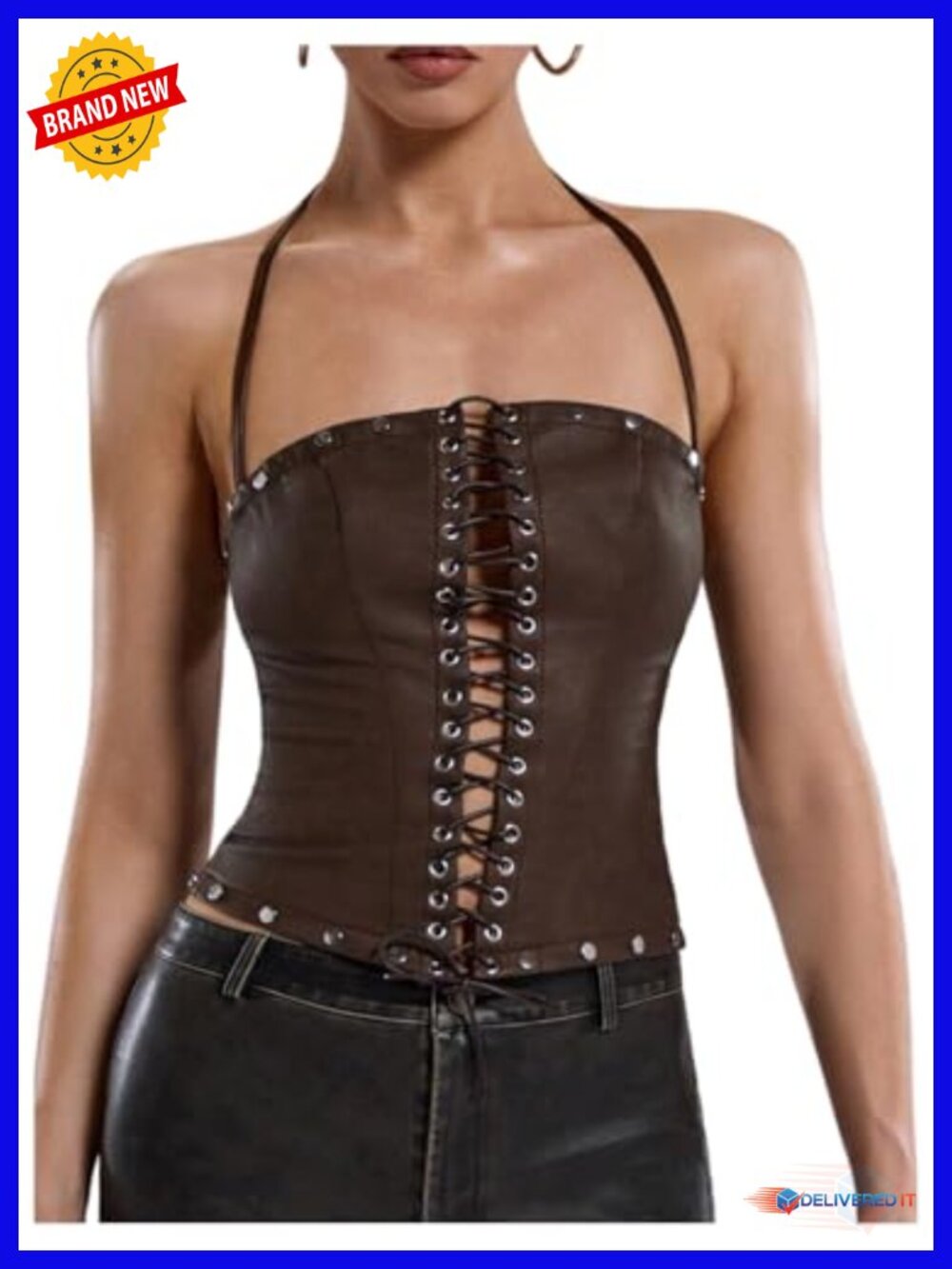 Women's PU Leather Halter Top Lace Up Backless Sleeveless Camisole Tops